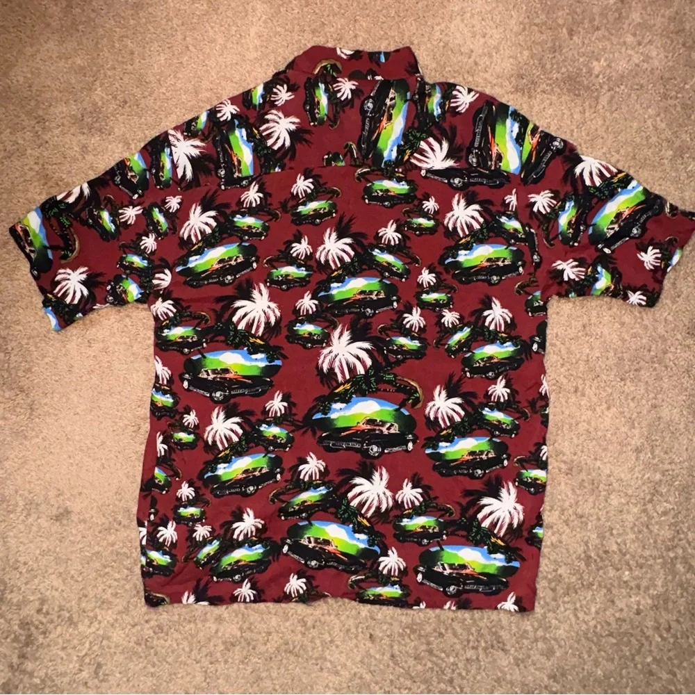 Puritan Hawaiian Shirt Mens Large Red Tropical Cars Palm Tree Button Up - Picture 5 of 6